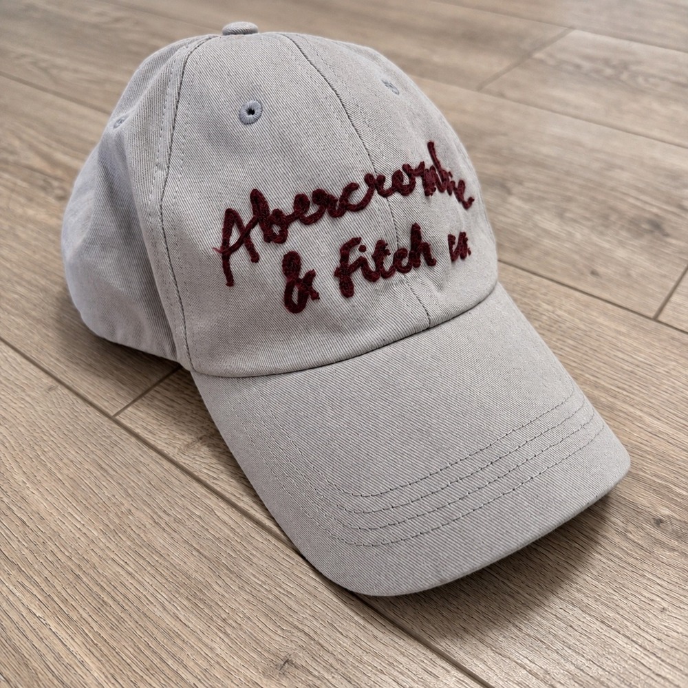 Abercrombie & Fitch A&F 1892 Gray Dad Hat Cap Burgundy Script Leather Strap Y2K